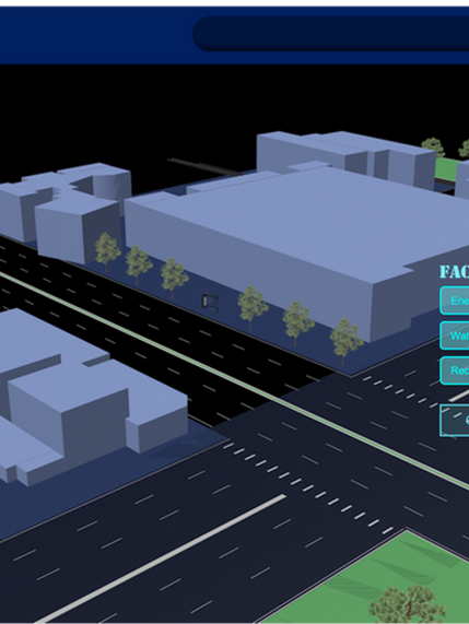 3D factory overview with facility monitoring panel