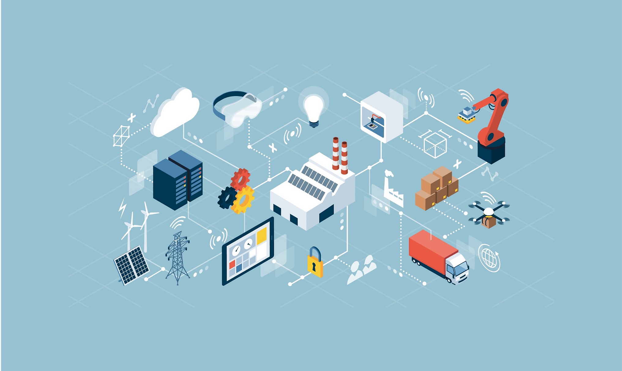 Smart factory illustration with cloud, IoT devices and robotics